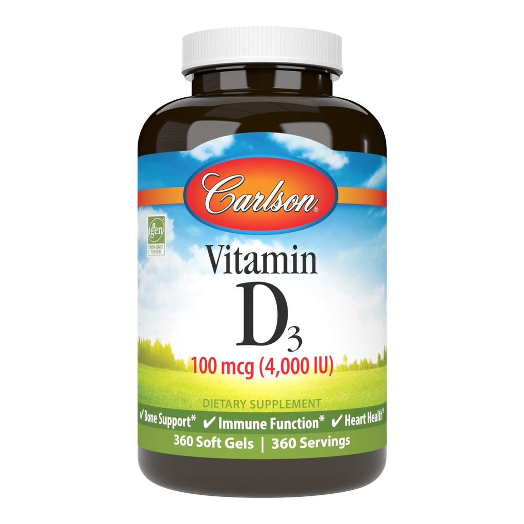Carlson - Βιταμίνη D3 4000 IU (100 mcg), Ανοσολογική Υποστήριξη, Υγεία των οστών, Μυική Υγεία, Χοληκαλσιφερόλη, συμπληρώματα βιταμίνης D, Βιταμίνη D3 Soft Gels, 360 Softgels