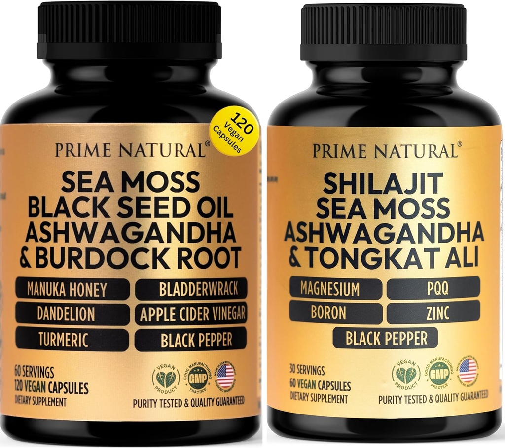 PRIME NATURAL Iris Sea Moss Black Seed Oil Shilajit Ashwagandha - 2 φιάλες - κάψουλες Vegan