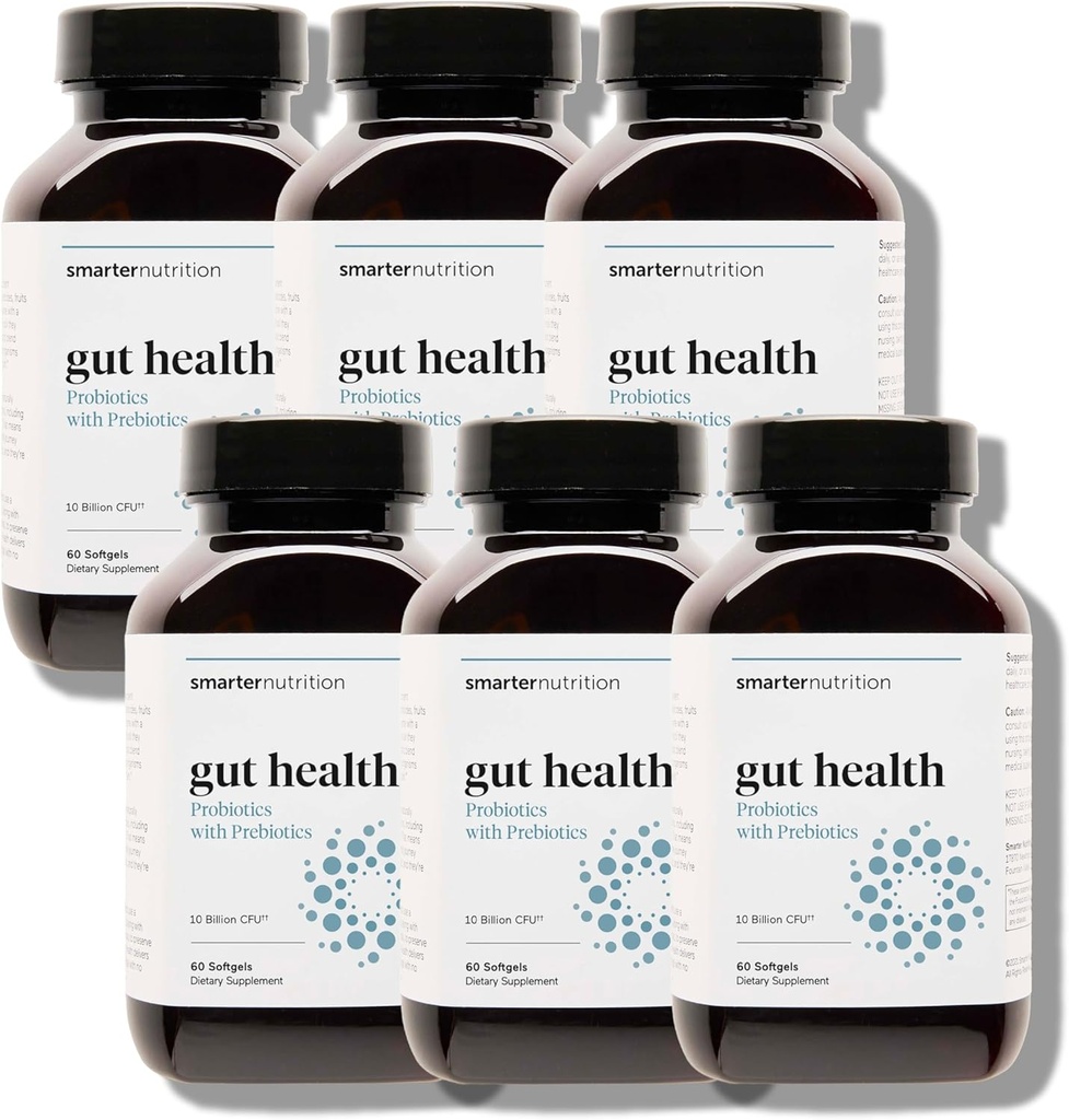 Smarter Nutrition Gut Health Probiotics with Prebiotics - 100% Soil-Based Strains with MCT Oil for Digestive, Immune Health, Gut Microbiome - Vegetarian - 360 Count(Pack of 6) - 180-Day Supply