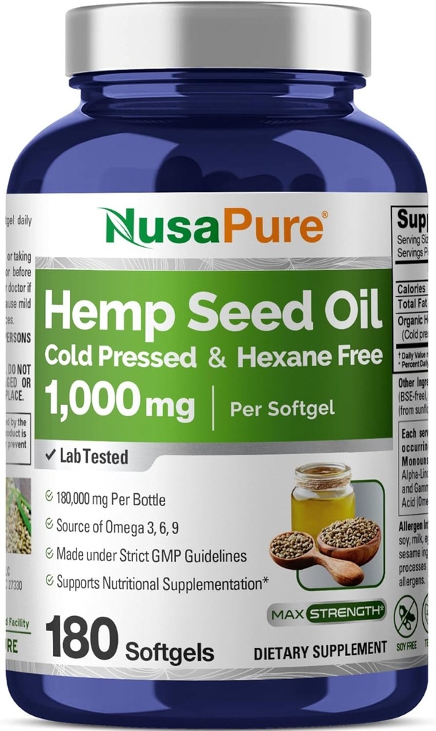 NusaPure Hemp Seed Oil 1000mg - 180 Softgel per Bottle