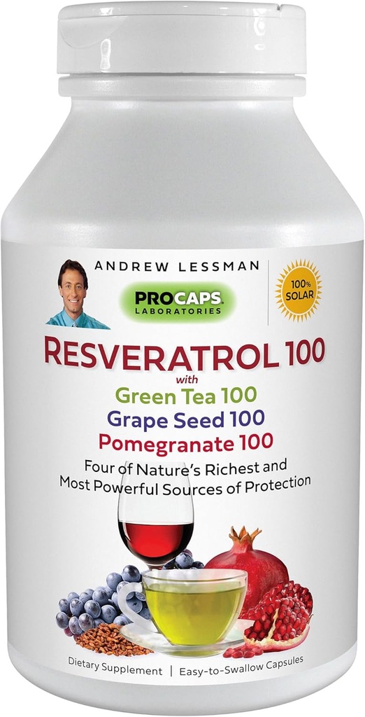 ANDREW LESSMAN Resveratrol-100 with Green Tea 100 Grape Seed 100 Pomegranate 100mg - 360 Capsules - Four Powerful, Protective Anti-oxidants.
