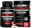 L Arginine L Citrulline Συμπλήρωμα 3000mg (240 κάψουλες) Νιτρικά χάπια οξειδίου για άνδρες - Stamina, αντοχή, απόδοση για προπονήσεις - ΟΧΙ συμπληρώματα για άνδρες - χωρίς γλουτένη, μη ΓΤΟ, κάψουλες Vegan