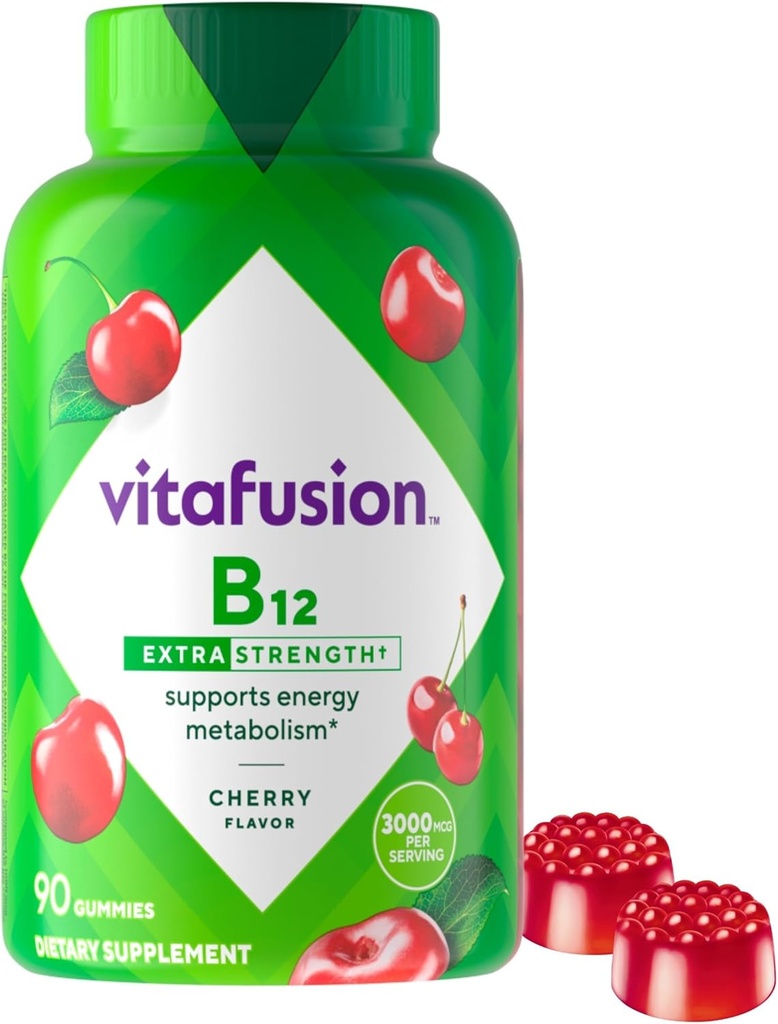 Vitafusion Extra Strength Vitamin B12 Gummies, υποστηρίζει τον μεταβολισμό της ενέργειας και το νευρικό σύστημα Υποστήριξη για την υγεία, Gummy συμπλήρωμα βιταμίνης για γυναίκες και άνδρες, Cherry Flavor, 45 Ημέρα προσφοράς, 90 Count