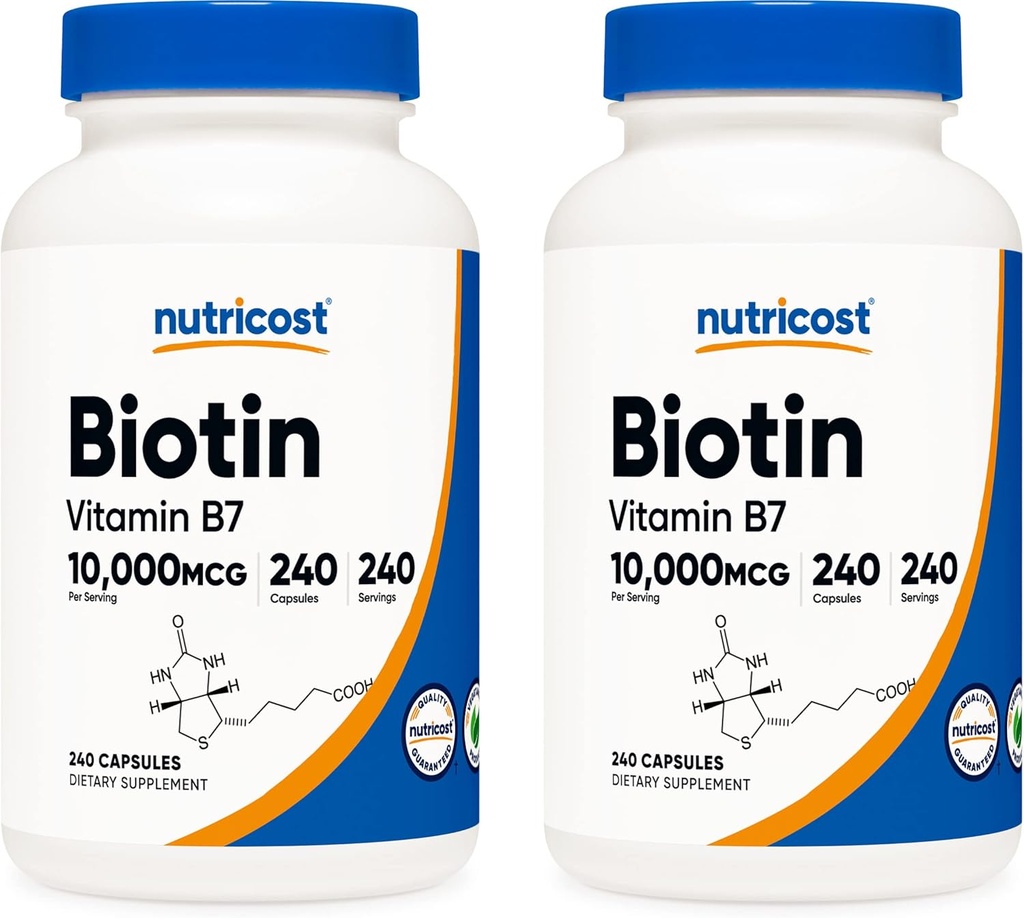 Nutricost Biotin (Vitamin B7) 10.000mcg (10mg), 240 Caps (2 φιάλες) - Μη ΓΤΟ, Χωρίς γλουτένη