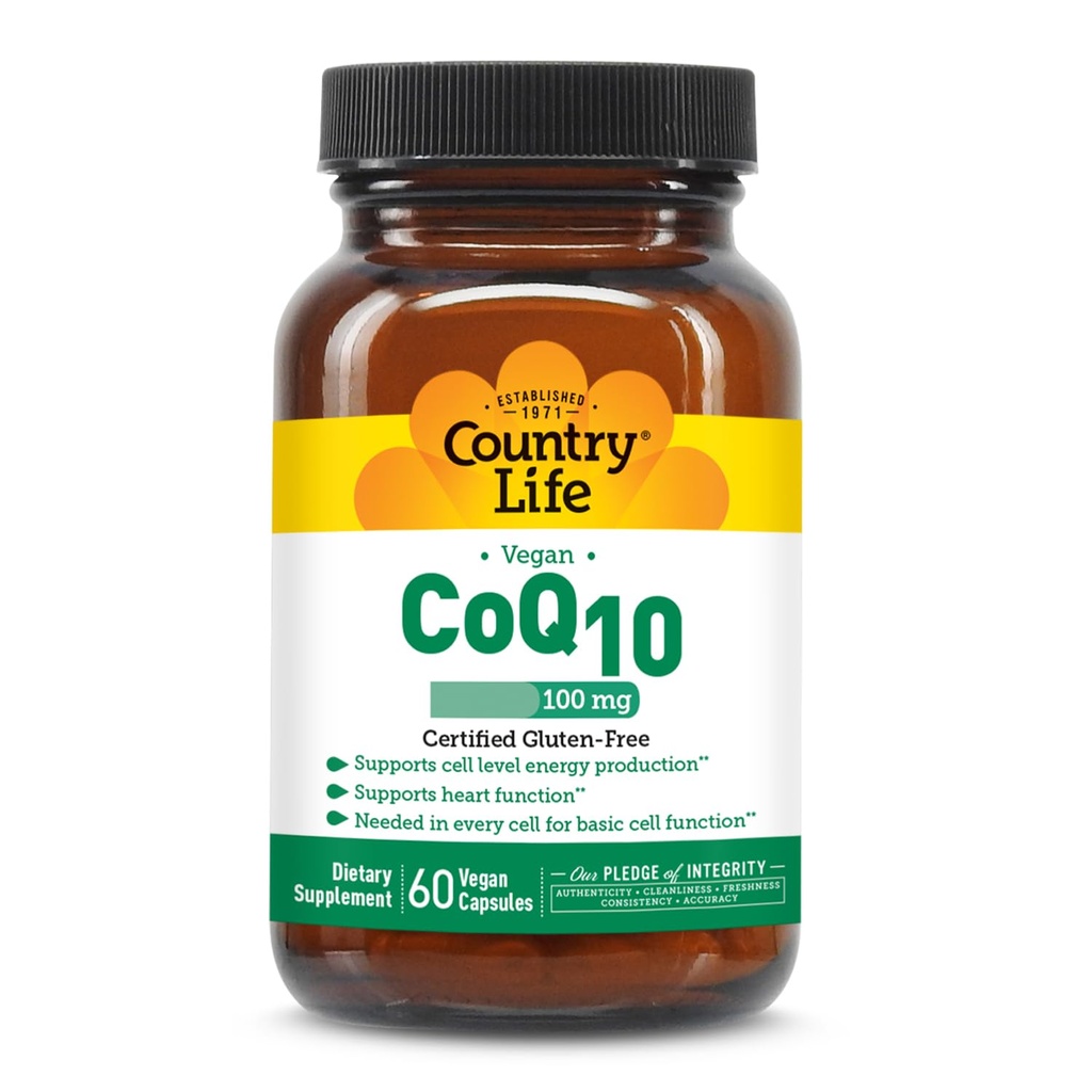 Country Life Simply CoQ10 100mg – Supports Heart Function & Cellular Energy, Vegan Softgels, Certified Gluten-Free, Non-GMO Supplement, 60 ct – Cardiovascular Health Support