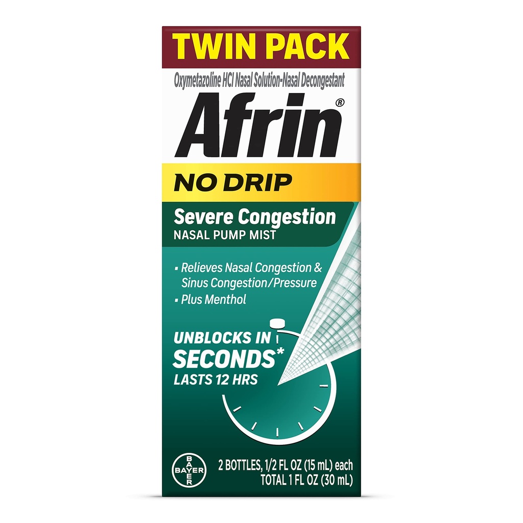 Afrin No Drip Σοβαρή Συμφόρηση Ρινική Mist Twin Pack, Μη Νυσταγμένη, ταχείας δράσης αποσυμφορητικό για Nasνική Συμφόρηση και ανακούφιση πίεσης του κόλπου, ενήλικες και παιδιά 6 και μεγαλύτερα, . 5 fl oz (πακέτο των 2)