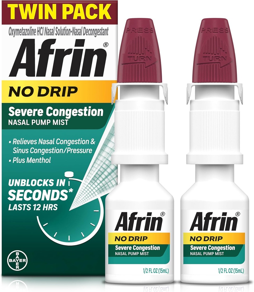 Afrin No Drip Σοβαρή Συμφόρηση Ρινική Mist Twin Pack, Μη Νυσταγμένη, ταχείας δράσης αποσυμφορητικό για Nasνική Συμφόρηση και ανακούφιση πίεσης του κόλπου, ενήλικες και παιδιά 6 και μεγαλύτερα, . 5 fl oz (πακέτο των 2)