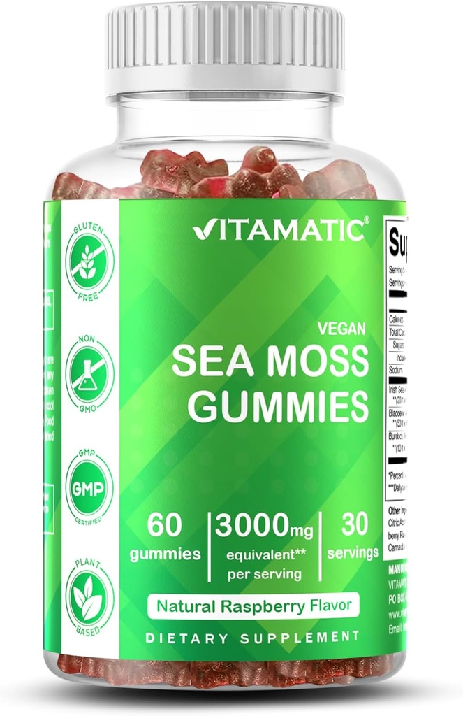 Vitamatic Irish Sea Moss Gummies – 3000mg Ισοδύναμο ανά υπηρεσία (από το εκχύλισμα 132.5mg) – 60 Ct Κατασκευασμένο με Bladderwrack & Burdock Root – Seamoss συμπλήρωμα για το θυρεοειδές, ενέργεια & ανοσοποιητική υποστήριξη