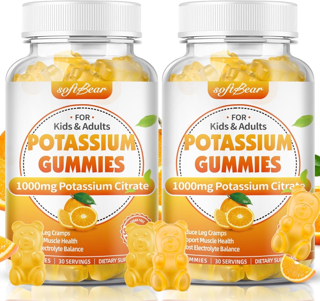 softbear Κάλιο Citrate 1000mg, Ζάχαρη χωρίς Κάλιο Gummies για ενήλικες Υποστήριξη Πόδι Cramps & Μύες Υγεία Υψηλή ισχύς Συμπληρώματα καλίου Gummies Πορτοκαλί Γεύση 120 κόμης