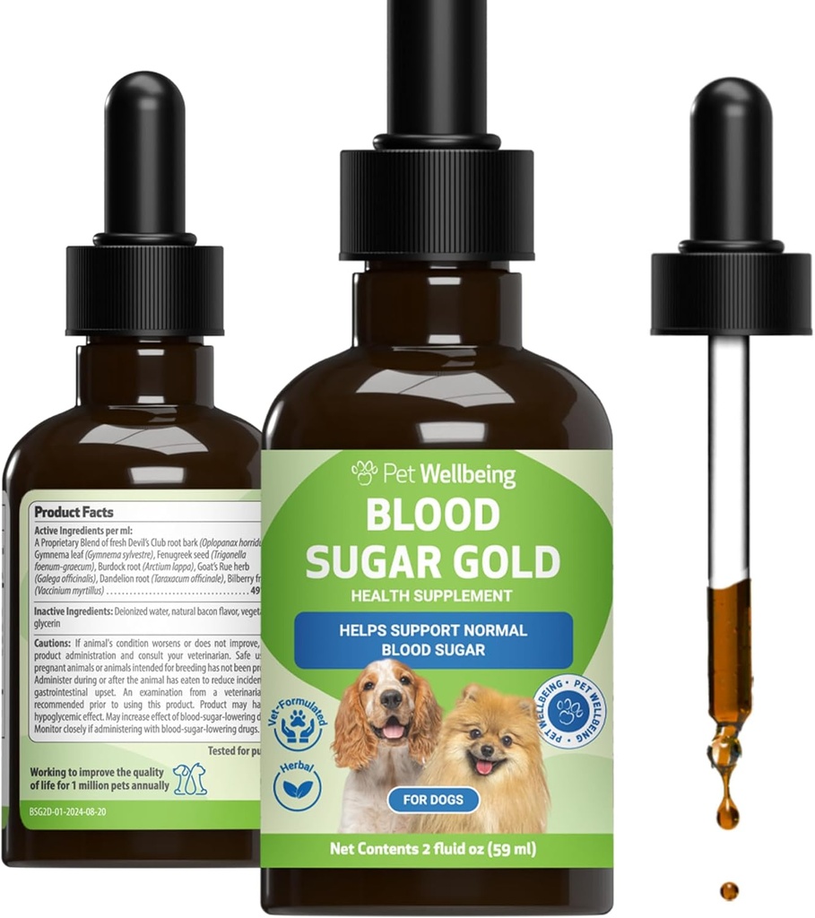 Pet Wellbeing Blood Sugar Gold Dogs - Ολιστική Υποστήριξη Ζάχαρης Αίματος, Παγκρέας & Ηπατικής Υγείας, Γυμναστήριο, Fenugreek & Devil’s Club - NASC Certified & Vet-Formulated - 2 oz Liquid