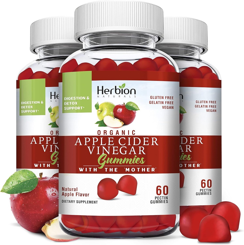 HERBION Naturals Organic Apple Cider Vinegar Gummies with The “Μητέρα”, Digestion and Detox Support, Pectin Based, Vegan, Made in The USA - (Pack of 3, 180 Gummies)