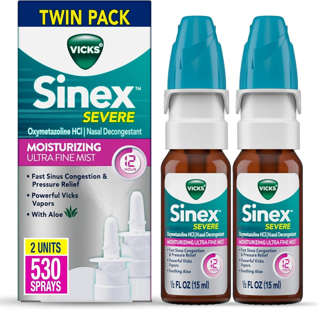 Vicks Sinex Σοβαρή Ρινική Σπρέι, Ενυδατική Ultra Fine Mist με Αλόη, Αποσυμφορητική Ιατρική, Ανακούφιση από την Πυκνή Μύτη Λόγω Ψυχρού ή Αλλεργίας, Ρινική Συμφόρηση & Sinus Pressure Relief, 265 Sprays x 2