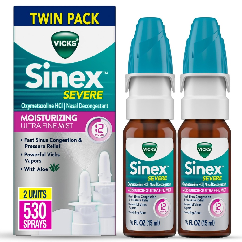 Vicks Sinex Σοβαρή Ρινική Σπρέι, Ενυδατική Ultra Fine Mist με Αλόη, Αποσυμφορητική Ιατρική, Ανακούφιση από την Πυκνή Μύτη Λόγω Ψυχρού ή Αλλεργίας, Ρινική Συμφόρηση & Sinus Pressure Relief, 265 Sprays x 2