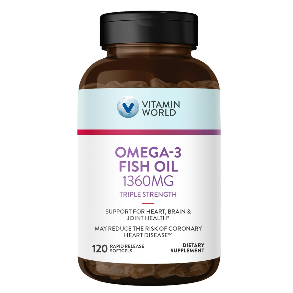 Βιταμίνη World Triple Strength Omega 3 Fish Oil 1360 mg Συμπλήρωμα, 950 mg Ενεργά Ωμέγα-3 Λιπαρά Οξέα με EPA & DHA, Υποστηρίζει την καρδιά, τον εγκέφαλο και κοινή υγεία, χωρίς γλουτένη, 120 Softgels, 4 μήνες προσφοράς