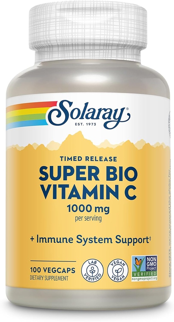 SOLARAY Super Bio Bufered Vitamin C 1000mg, Two-Stage, Timed Release Βιταμίνη C με Bioflavonoids, συμπλήρωμα υποστήριξης ανοσοποιητικών - Υψηλή απορρόφηση, Vegan, 60 Ημέρα Εγγύηση, 50 Σερβιέτες, 100 VegCaps