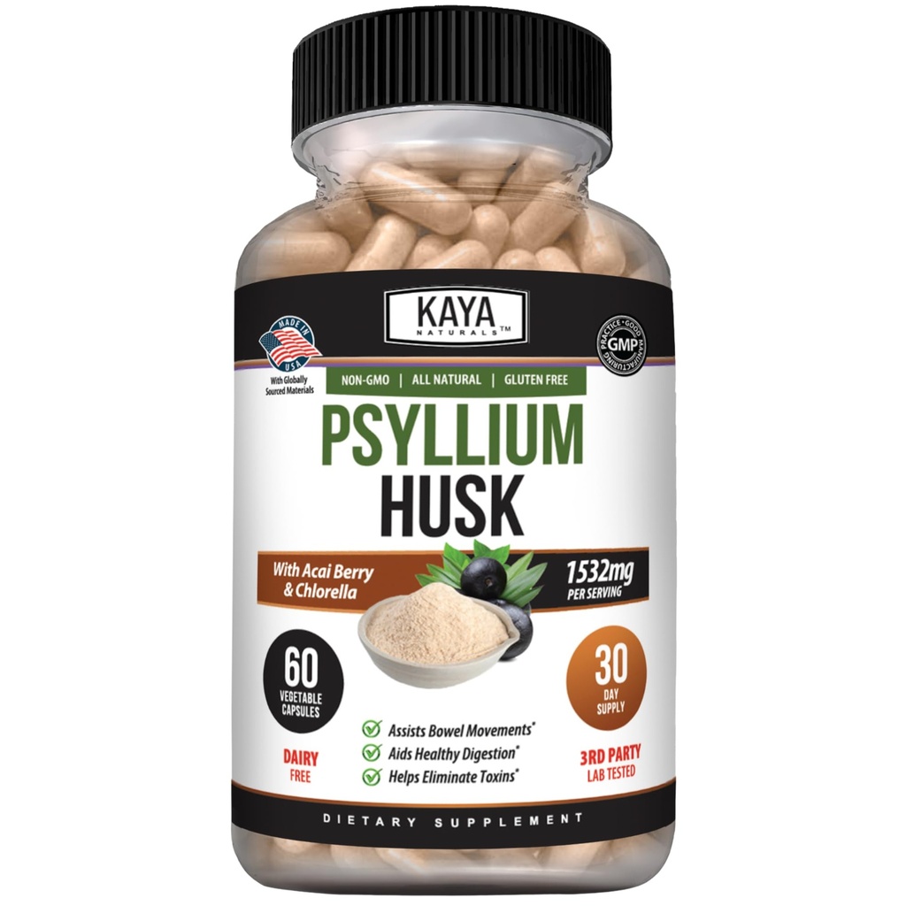 Kaya Naturals Psyllium Husk Capsules - 60 Count | High Fiber Supplement | Digestive Health & Regularity | Gluten-Free, Non-GMO