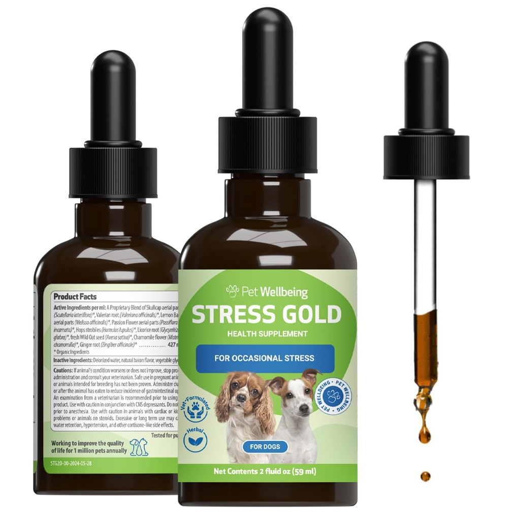 Pet Wellbeing Stress Gold for Dogs - Fast Acting, Situational Stress Like Car Travel, Storms, Vet Visits - NASC Certified & Vet-Formulated - 2 oz Holistic Liquid Formula