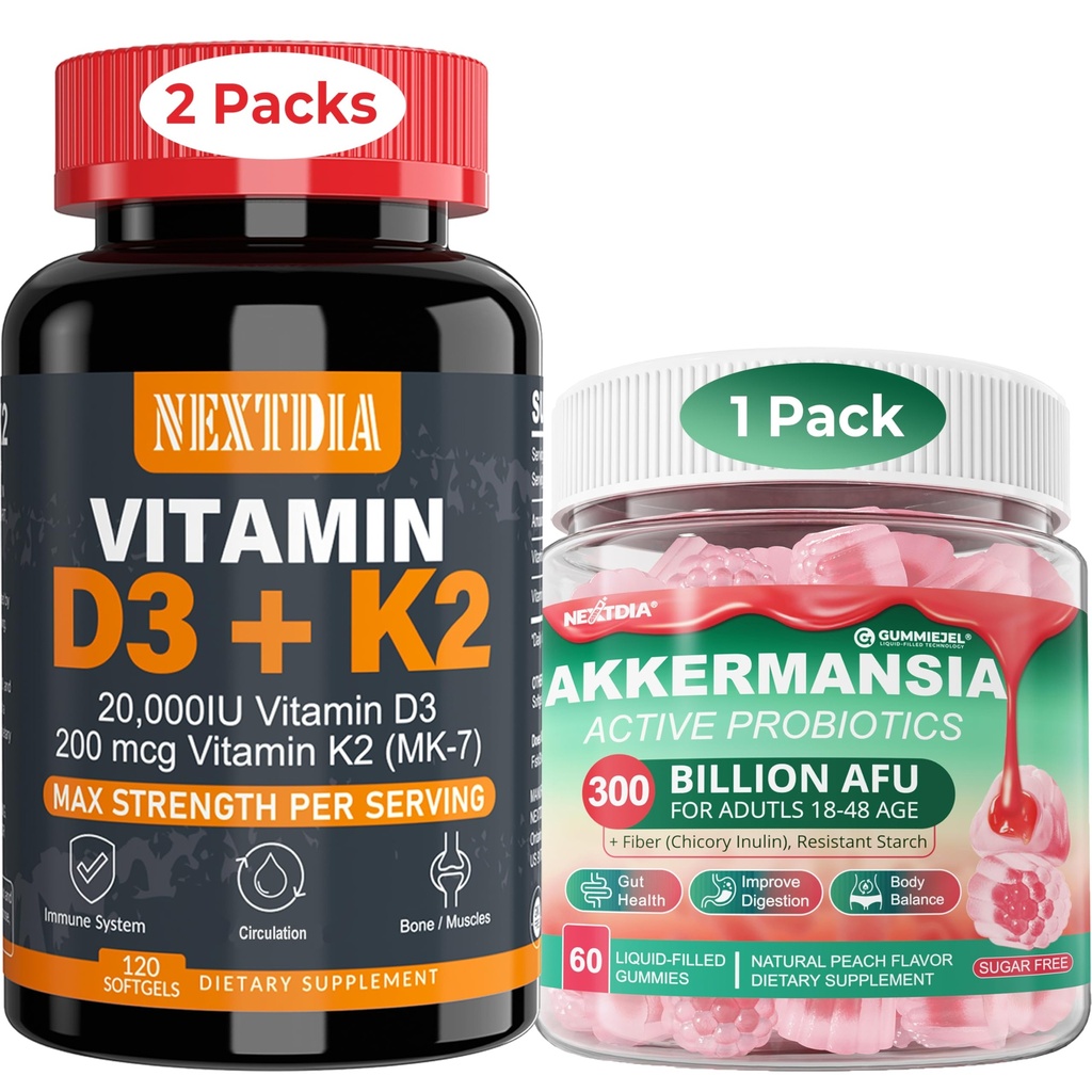 Βιταμίνη D3 20.000 IU + K2(MK7) 200mcg Softgels + Akkermansia Προβιοτικά Gummies με προβιοτικά Fiber