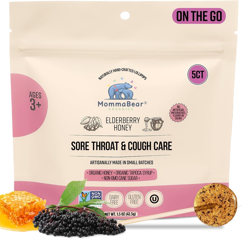 MommaBeaar Organics Χειροποίητα Παιδιά Γλειφιτζούρια Βήχας – Natural Sore Lroat Relief & Cough Drop Suckers for Kids 3+ – Bits, Μέλι & Βιολογικές Γεύσεις – Σφραγισμένο σφιχτά για φρεσκάδα, 5pc