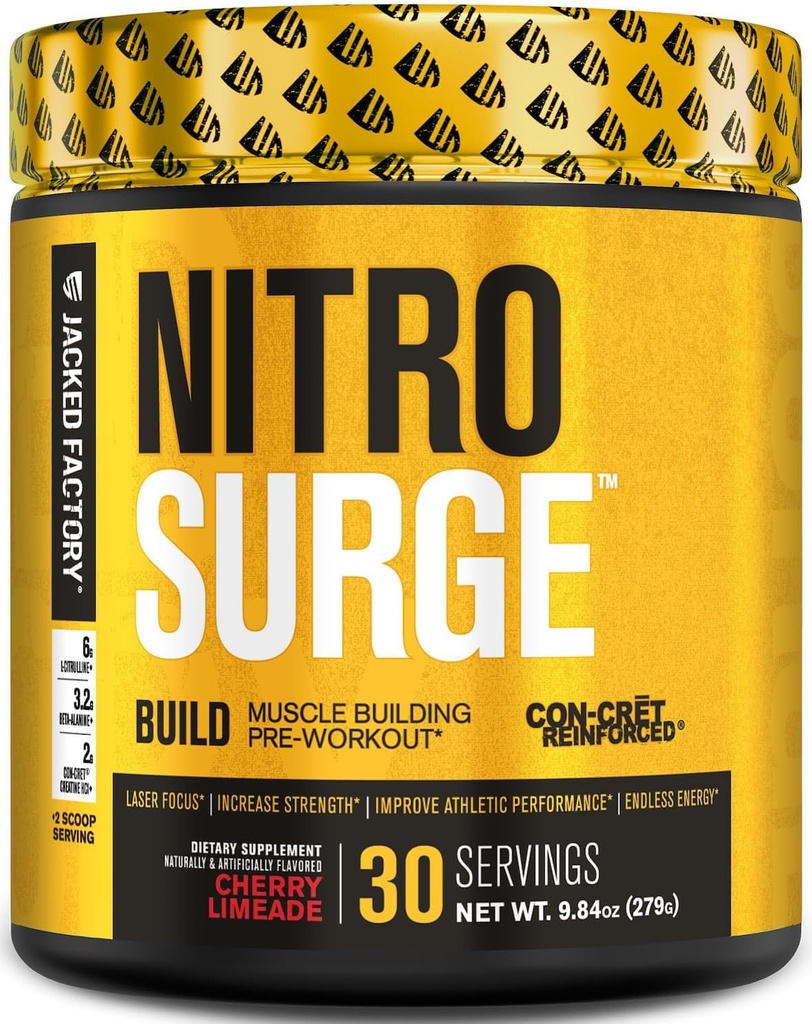 Jacked Factory Nitrosurge Build Pre Workout with Createine for Muscle Building - Con Cret Powder & elevATP Έντονη Ενέργεια, Ισχυρές Αντλίες, Ατελείωτη Αντοχή 30 Υπηρεσίες, Cherry Limeade