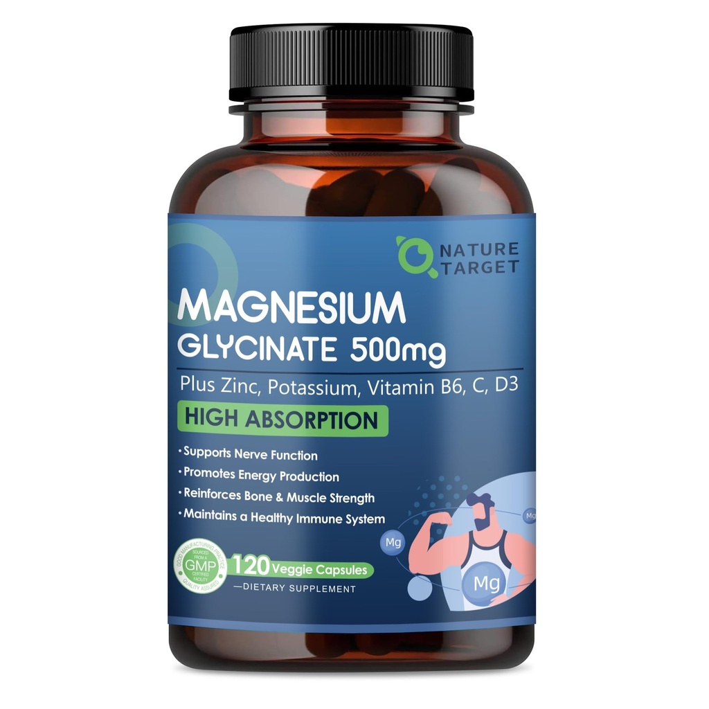 NATURE TARGET Magnesium Glycinate 500mg, Chelated Magnesium with Zinc & Vitamin D3 for Muscle, Nerve & Bone, Support Heart Health & Leg Cramp, Strength Immune System - 120 Capsules