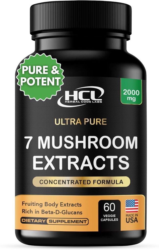 Mushroom Supplement Extracts of Lions Mane Cordyceps Chaga Reishi Turkey Tail Maitake Shiitake Capsules - Natural Vitamins Minerals Antioxidants Supplement - Made in The USA