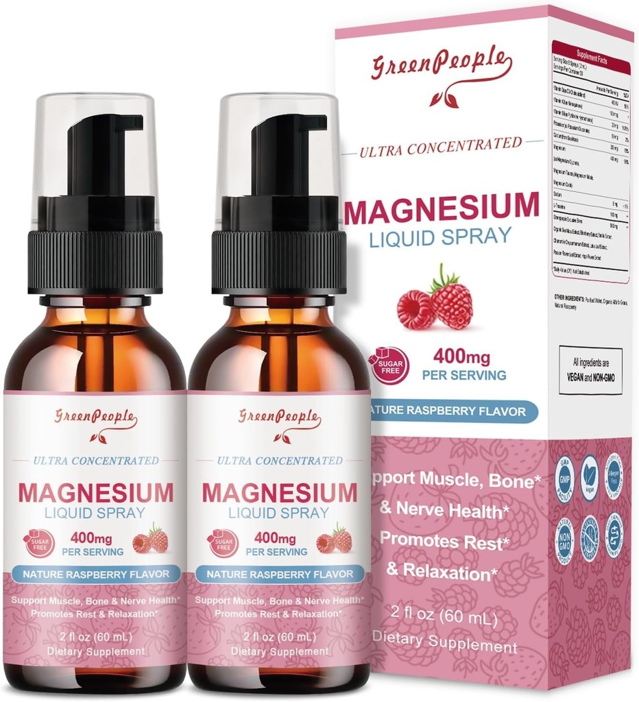 GreenPeople Magnesium Glycinate Liquid Spray 400mg - Magnesium Potassium Supplement with Magnesium Malate Vitamin D3k2, B6 for Calm Support, Muscle, Bone & Sleep Support 4 Fl Oz