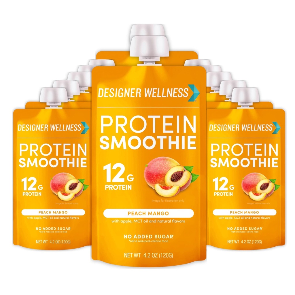 Designer Wellness Protein Smoothie, Peach Mango, 12g Whey Protein, Real Fruit Smoothie Snack, No Added Sugar, Low Carb, Gluten-Free, Shelf-Stable Protein Pouches with MCT Oil - 12 Pack