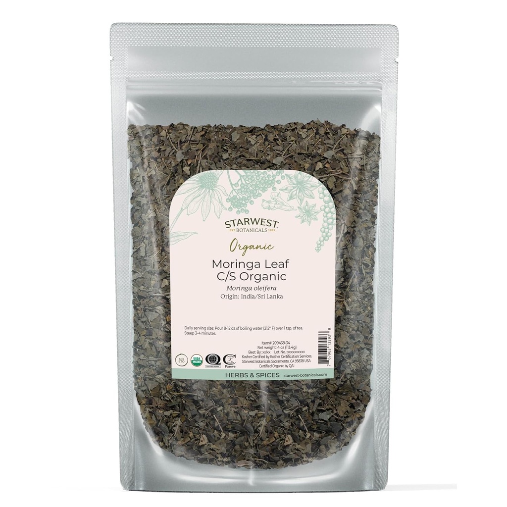 Starwest Botanicals Organic Moringa Leaf - Βότανο για τσάι, κάψουλες, χυμός, & smoothies, Φυσική πηγή αντιοξειδωτικών, κομμένα και κοφτερά, πιστοποιημένα Kosher, μη GMO - 4 oz Pouch