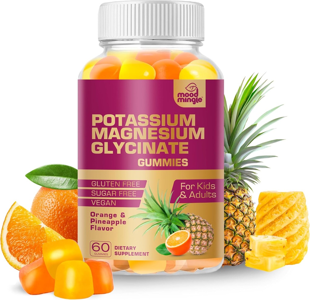 MoodMingle Κάλιο Μαγνήσιο Γλυκινικό συμπλήρωμα Gummies - Μασούρες Καλίου υψηλής απορρόφησης - με Βιταμίνες Ασβέστιου B6 B12 C D3 K2 Ψευδάργυρος - Χωρίς ζάχαρη Vegan Χωρίς γλουτένη για παιδιά Ενήλικες