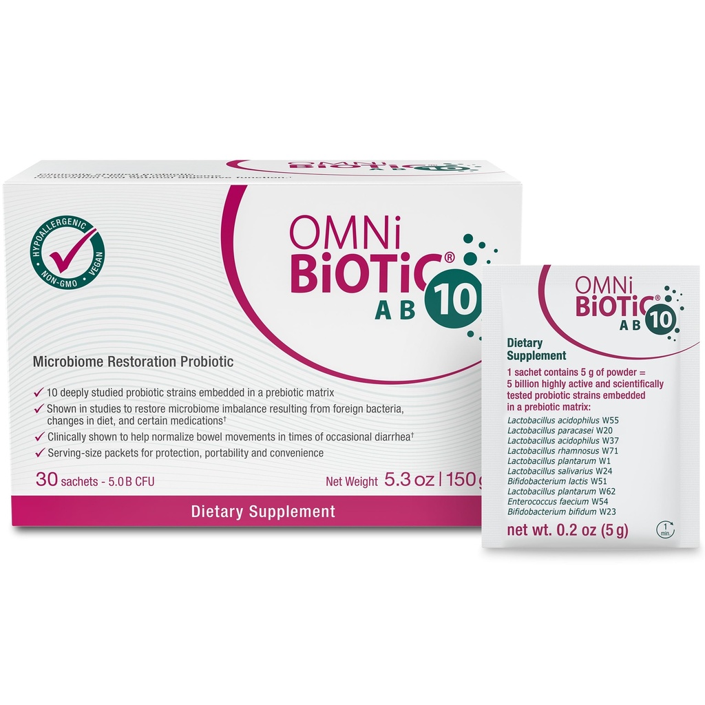 OMNi BiOTiC AB 10 - Κλινικά ελεγμένο ανασυστατικό προβιοτικό - Υποστηρίζει & Αποκαθιστά την έγχρωμη χλωρίδα & πέψη - Digestive Probiotic για τη διάρροια - Vegan, Hypoallergenic, Non-GMO (30 Daily Packets)