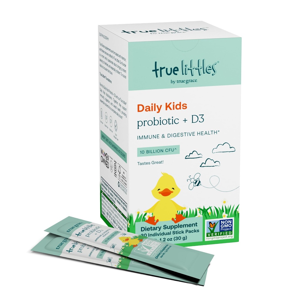 True Grace True Littles - 30 ατομικά πακέτα stick - Παιδικό καθημερινό προβιοτικό + βιταμίνη D3 για ανοσοκατασταλτική & επιληπτική υγεία - Γλουτένη, χωρίς σόγια & γαλακτοκομικά - 30 σερβιρίσματα
