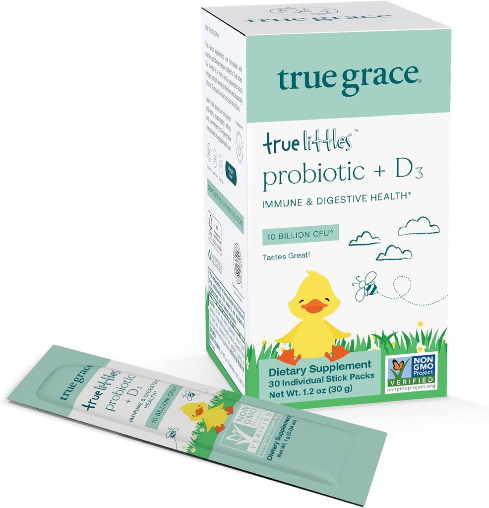 True Grace True Littles - 30 ατομικά πακέτα stick - Παιδικό καθημερινό προβιοτικό + βιταμίνη D3 για ανοσοκατασταλτική & επιληπτική υγεία - Γλουτένη, χωρίς σόγια & γαλακτοκομικά - 30 σερβιρίσματα