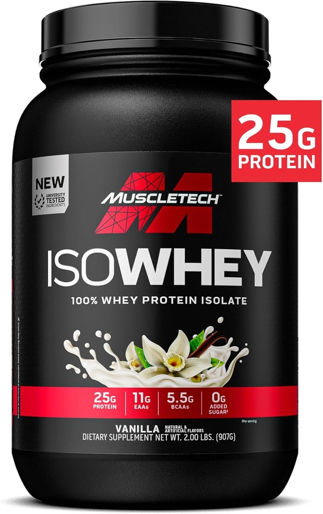 Δοκιμές μυών ISO Whey Isolate Protein Powder, Vanilla - Συμπληρώματα γυμναστικής για Lean Μύες Κερδίζοντας & Ανάκτηση βάρους - 25g Πρωτεΐνη, BCAA, EAA & 0 Προστιθέμενη Ζάχαρη - 2lbs