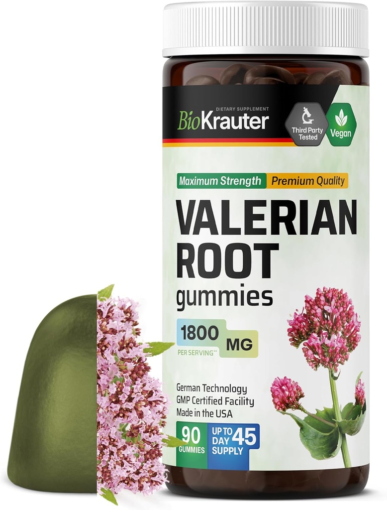 BIO KRAUTER Βαλεριάνα Ρίζα Gummies - 1800 mg Δύναμη - 90 Vegan Chews - Όχι μελατονίνη - Υποστήριξη Χαλάρωση & ηρεμία - εκχύλισμα ρίζας βαλεριάνας