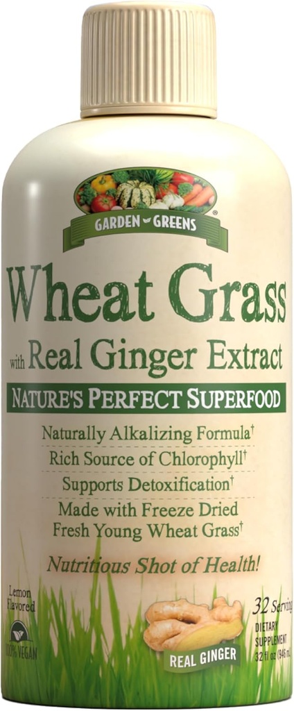 Garden Greens Wheat Grass Liquid with Real Ginger Extract, Nature's Perfect Superfood, 32 servings