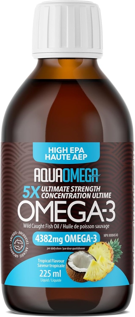 5X Ultimate Strength Liquid Fish Oil Supplements, Wild Caught Omega 3 Fish Oil Liquid, High EPA & DHA Omega3 Λιπαρά Οξέα, Omega 3 Συμπλήρωμα με βιταμίνη D, 7,60floz, Τροπική Γεύση
