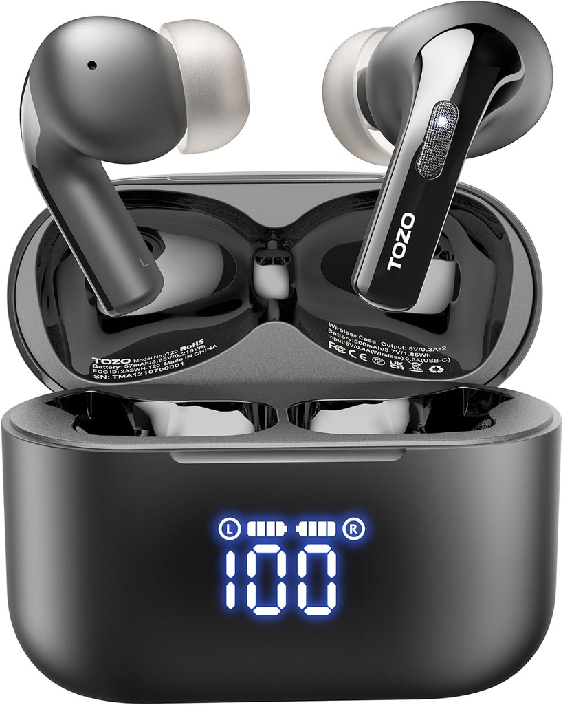 TOZO T20 Ασύρματα ακουστικά Bluetooth 48.5 Hrs Playtime με LED Digital Display, IPX8 Αδιάβροχο, Διπλό μικρόφωνο Θόρυβος κλήσης Ακύρωση 10mm Ευρύτερη εμβέλεια Ηχεία με Ασύρματη Θήκη φόρτισης