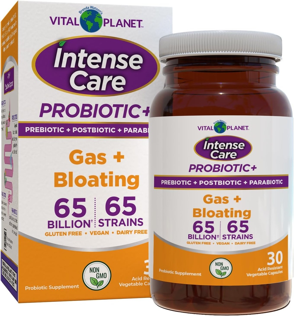 Vital Planet - Intense Care Gas & Bloating Probiotics, Prebiotics, Postbiotics, Parabiotics, 4- in-1 Συμπλήρωμα για ενήλικες, 65 Billion CFU, 65 Strains, Digestive και ανοσοποιητικό, 30 ct