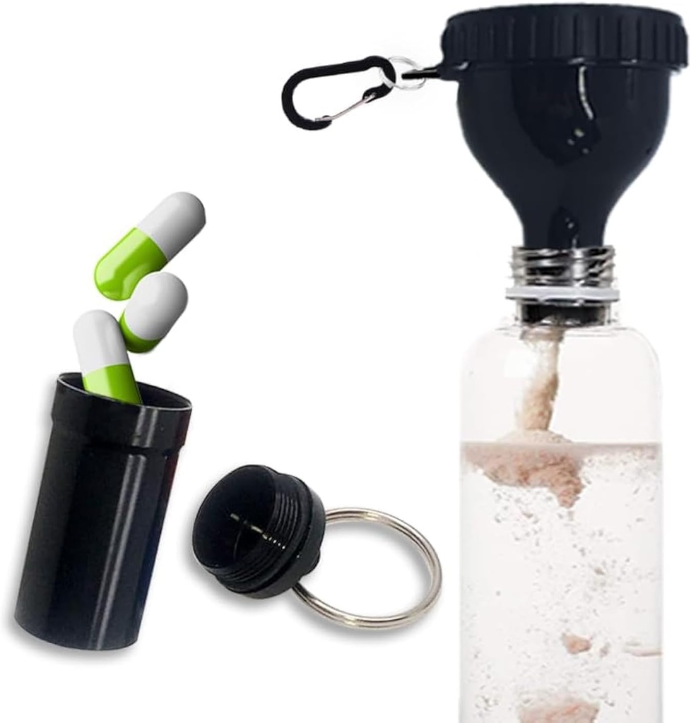 Protein Powder Container to Go Funnel with Aluminium Κράμα Mini Pocket Pill Box and Carabiner Clip Supplement Funnel with Cap for Water Bottle Pre Workout Gym Mini Travel Funnels Shaker Cup