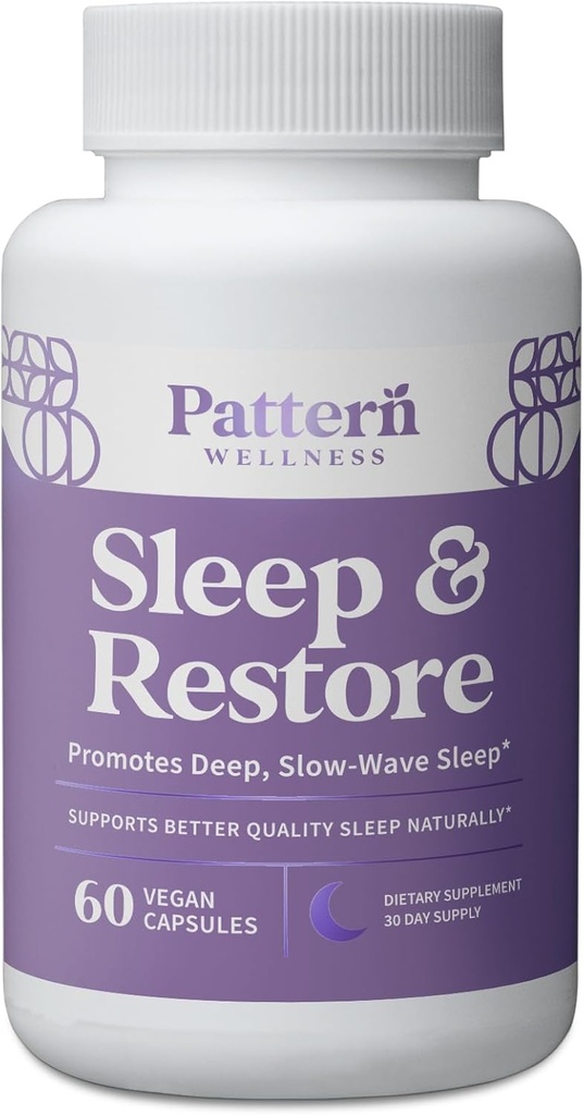 Pattern Wellness Sleep + Restore Supplement - Promotes Deep, Slow-Wave Sleep - Mood & Stress Response Support - Pure Vegan Health - 60 Non-GMO Capsules
