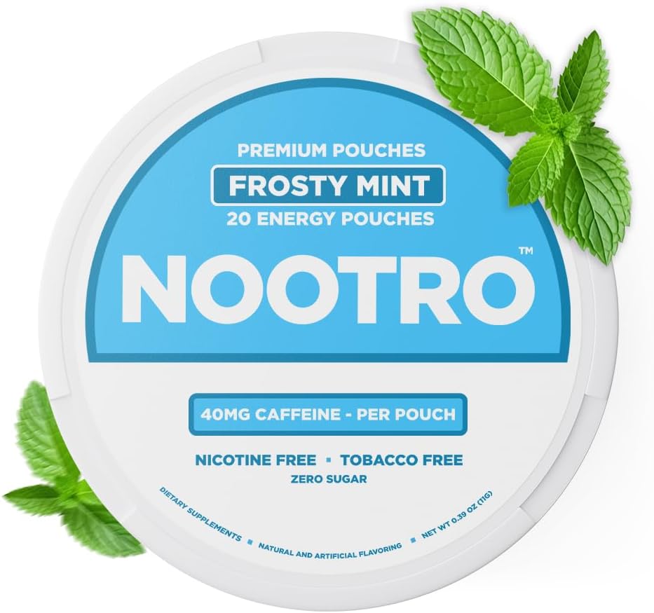 Nootro Energy Pouches | Caffeine Pouches | Nootropics | 40 mg Natural Caffeine | Vitamin B6 | Magnesium | Sugar Free | Nicotine Free | Tobacco Free | 20 Pouches Per Can | 1 Pack (Frosty Mint)