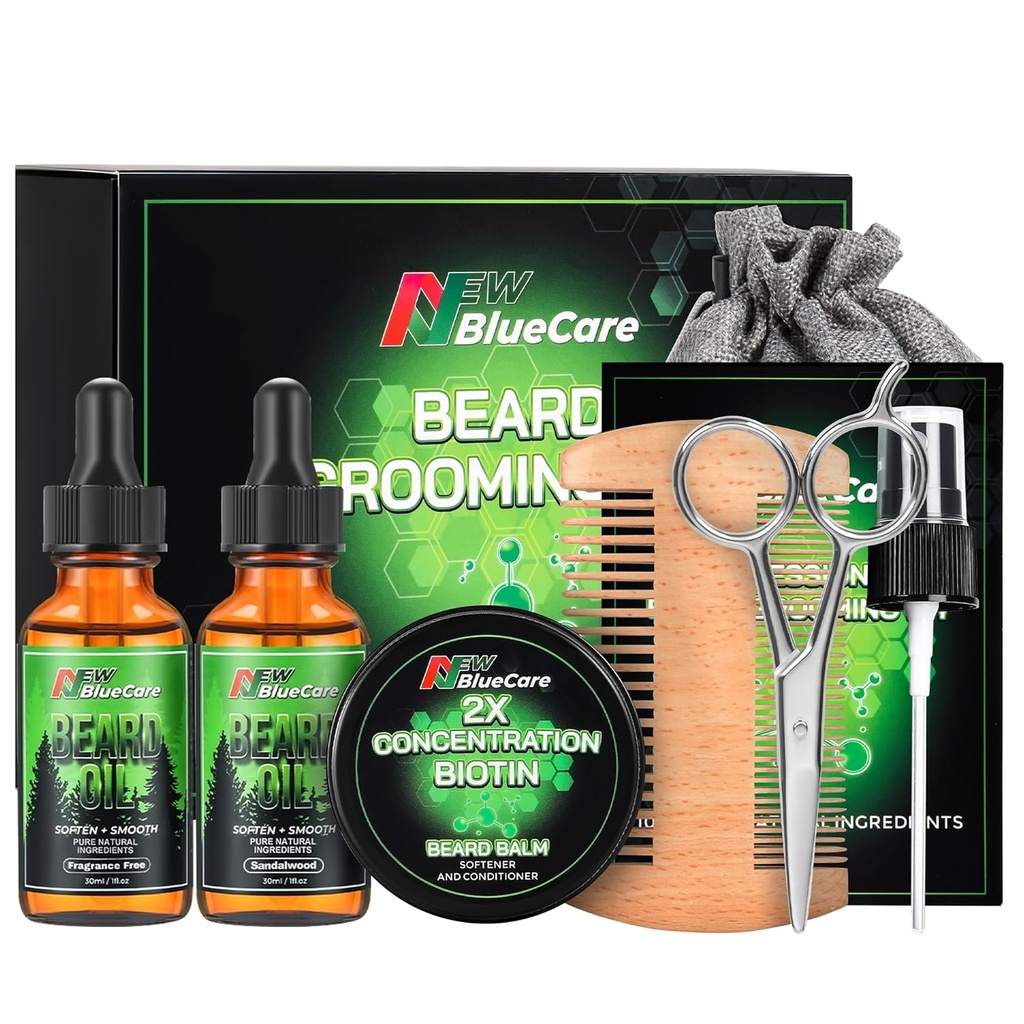 Beard Care Kit - Περιέχει (1) κάθε ένα από τα Γένια Λάδια (Sandalwood & Αρωματισμένα), Biotin Beard Growth Balm, Comb και Ψαλίδι για το Γαμπρό και το Κομψό - Γυμνό Φροντίδα Daddy Δώρα για τους άνδρες