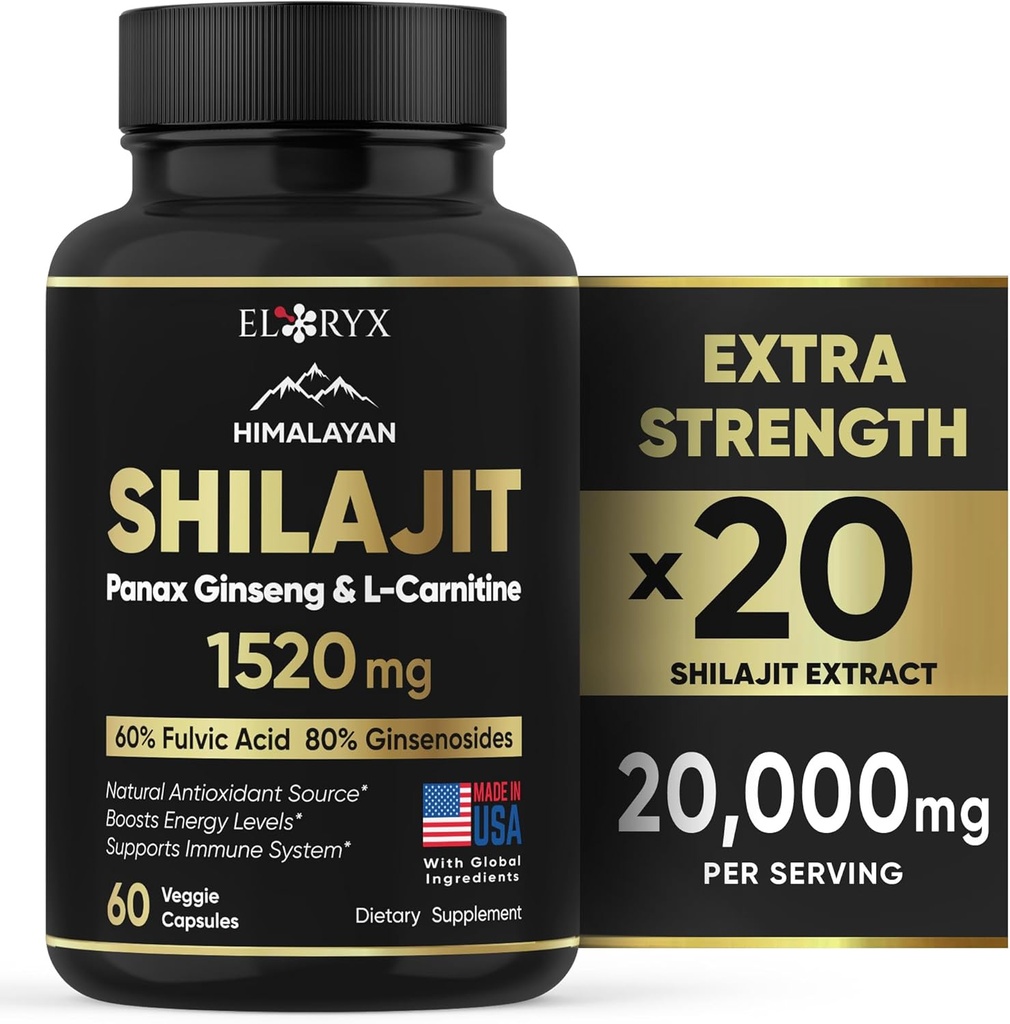 Συμπλήρωμα Shilajit Ιμαλαΐων, 60 κάψουλες, σκόνη εκχυλίσματος, 60% Fulvic Acid, 85+ Trace Minerals, Energy & Immune Support Shilajit για άνδρες και γυναίκες, εναλλακτική στην αυθεντική ρητίνη ή χάπια ΗΠΑ Made