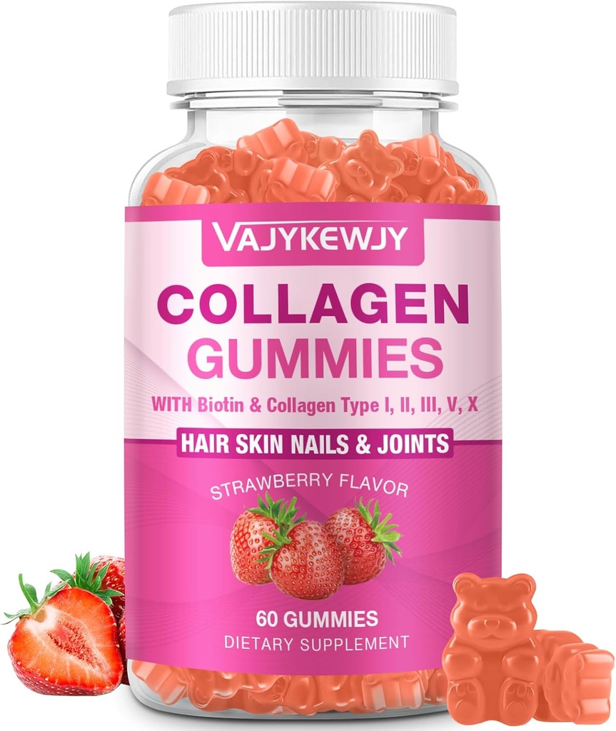 Vegan Collagen Gummies for Women & Men - με βιοτίνη, βιταμίνη C, & ψευδάργυρο για την ακτινοβολία του δέρματος, την ανάπτυξη των μαλλιών, ισχυρά νύχια, & κοινή υποστήριξη, 60 Count