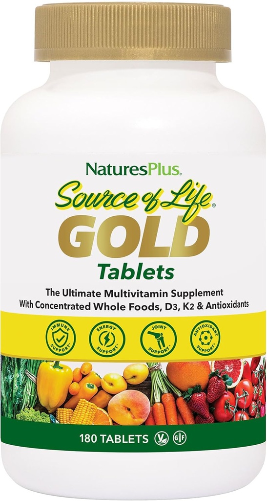 NaturesPlus Πηγή Ζωής Χρυσές Πολυβιταμίνες - 180 Δισκία - με Βιταμίνες D3 & B12 - Αίμα, Οστά & Ανοσοποιητική Υποστήριξη - Χορτοφαγικά & Χωρίς Γλουτένη - 60 Σερβιέτες