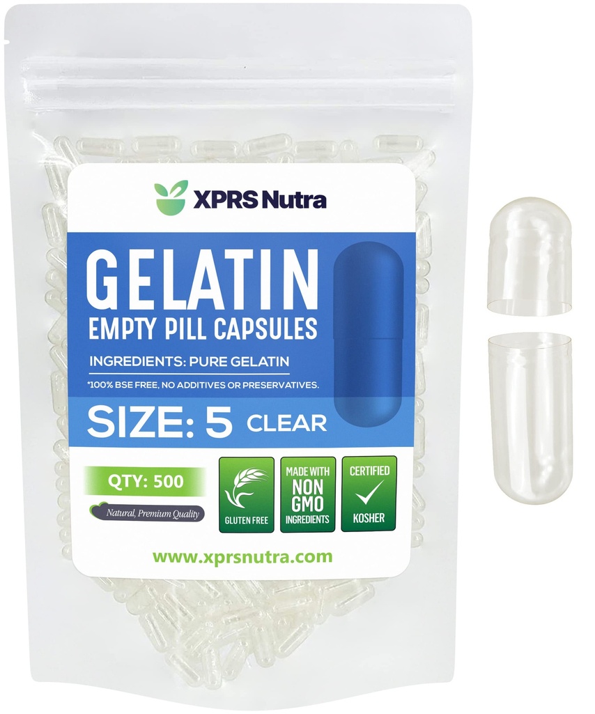 XPRS Nutra Size 5 Empty Capsules - 500 Count Very Small Clear Empty Gelatin Capsules - Pills DIY Capsule Filling - Fillable Pill Gel Caps for Do-It-Yourself Vitamin Supplements