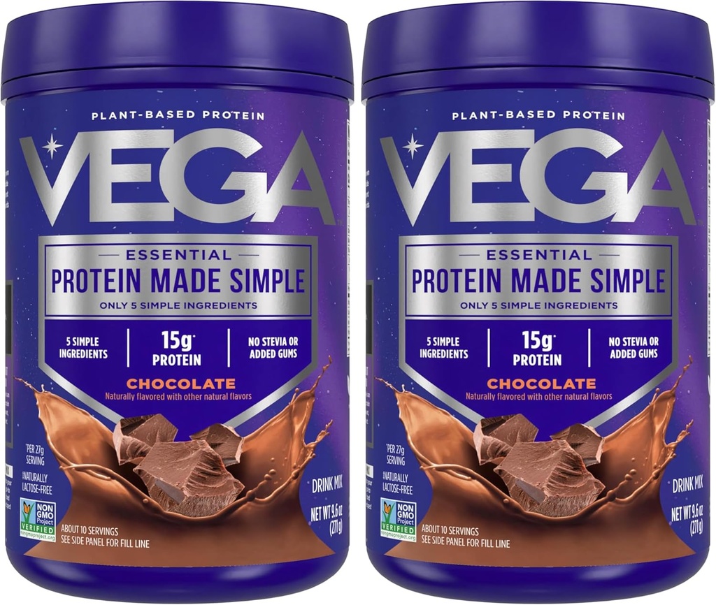 Vega Protein Made Simple, Dark Chocolate - Stevia Free Vegan Protein Powder, Plant Based, Healthy, Gluten Free, Pea Protein for Women and Men, 9,6 oz (Packing May Vary) (Pack of 2)