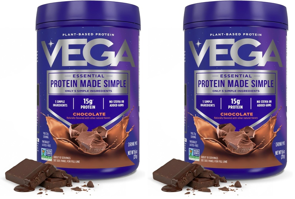 Vega Protein Made Simple, Dark Chocolate - Stevia Free Vegan Protein Powder, Plant Based, Healthy, Gluten Free, Pea Protein for Women and Men, 9,6 oz (Packing May Vary) (Pack of 2)