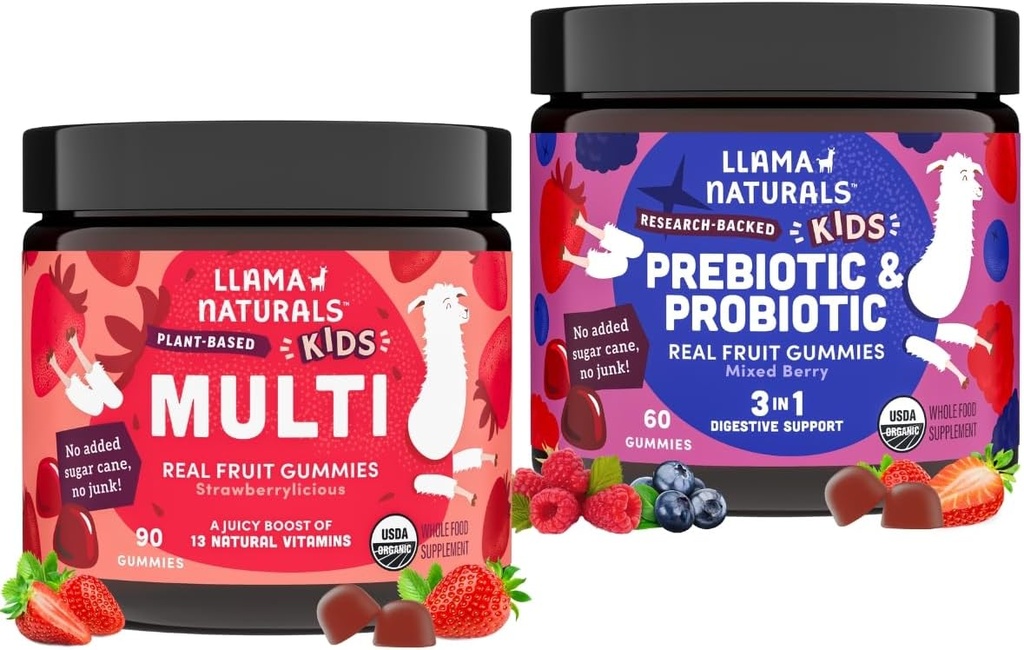 Llama Naturals Παιδιά πολυβιταμίνη και προβιοτικά και πρεβιοτικά Bundle, Vegan, Organic Gut Health and Immune Support Gummies, Real Fruit Gummy Vitamins, Δεν Προστέθηκε ζαχαροκάλαμο, 2 μπουκάλια, 30 ημέρες προσφοράς